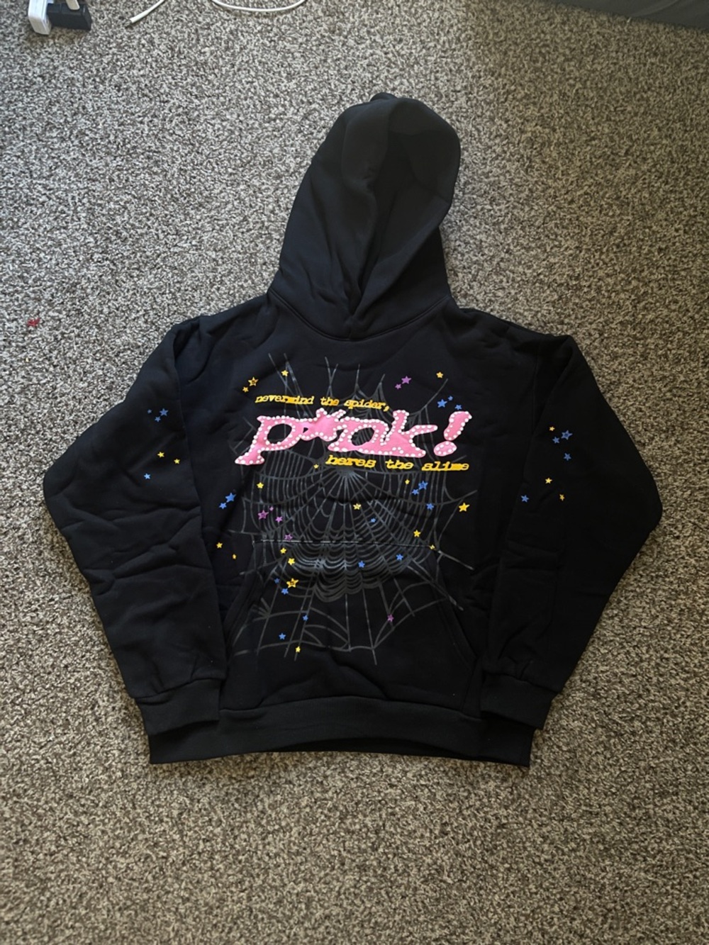 Black Graphic Spiderweb Hoodie with Pink Text M, L